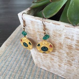 Vintage 1990”s Brushed Gold, Jade Colored Stone Dangle Earrings